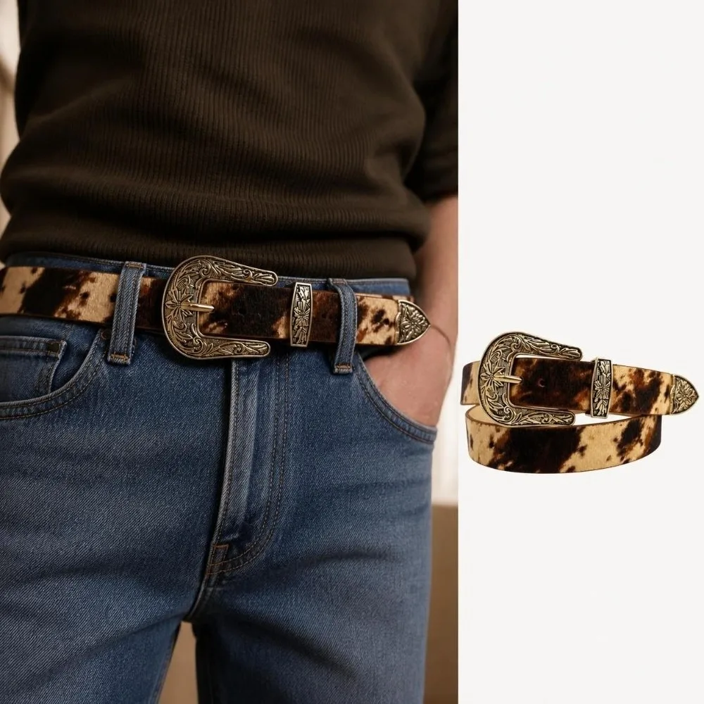 Fashion PU Leather Western Cowboy Belt Alloy Buckle Adjustable Engraved Buckle Belt Vintage Cow Print Belt For Jeans