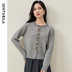 SENTUBILA Preppy Style Spliced Cardigan For Women Casual Chic Button O Neck Short Knitted Sweater 2026 Spring New W51E58709