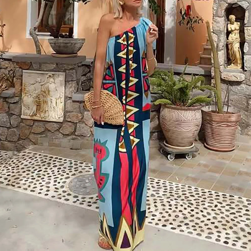 Abito ampio con tasca stampata geometrica Abito estivo asimmetrico con spalle scoperte a maniche corte Nuovi abiti Boho con collo inclinato per le vacanze