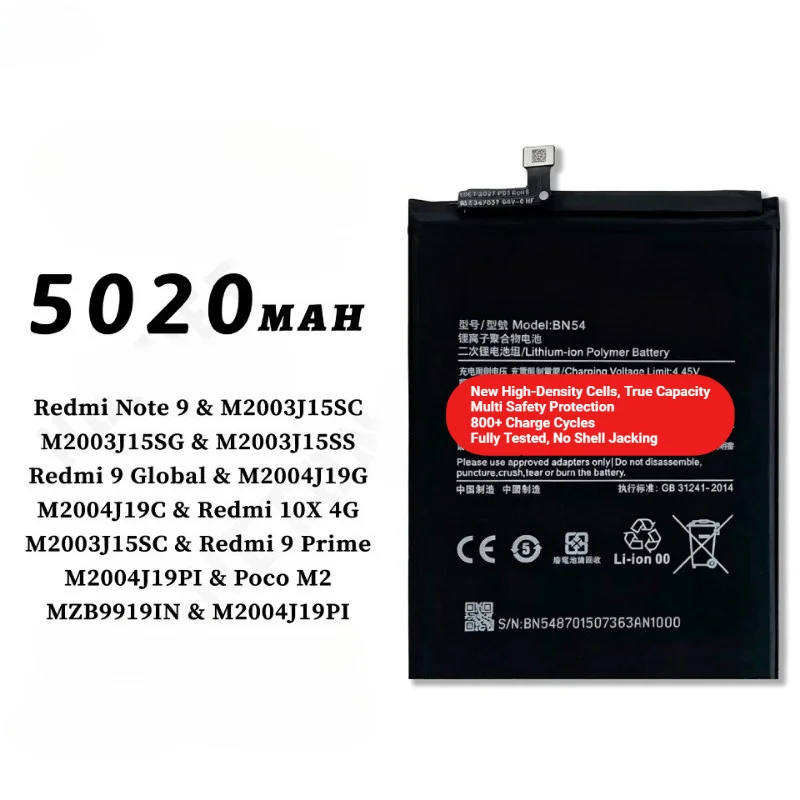BN54 for Xiaomi Redmi Note 9/9 Prime/10X 4G/9 Global/Poco M2 Phone Battery  High Capacity Battery Replacement Bateria with Tools