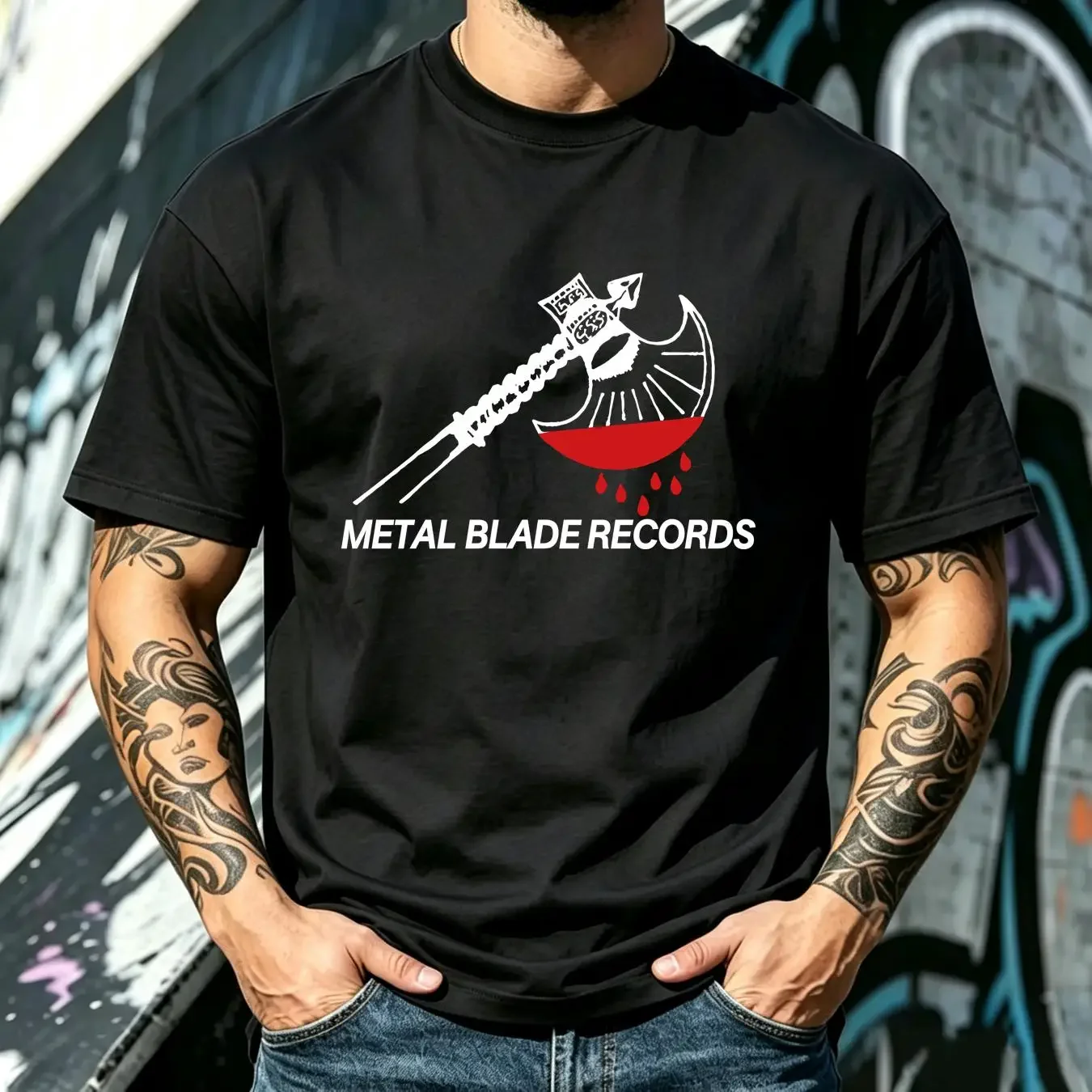 washed T Shirt Men's Metal Blade Records Axe Logo Small Black vintage Washed Versatile streetwear Soft Stretched Slightly