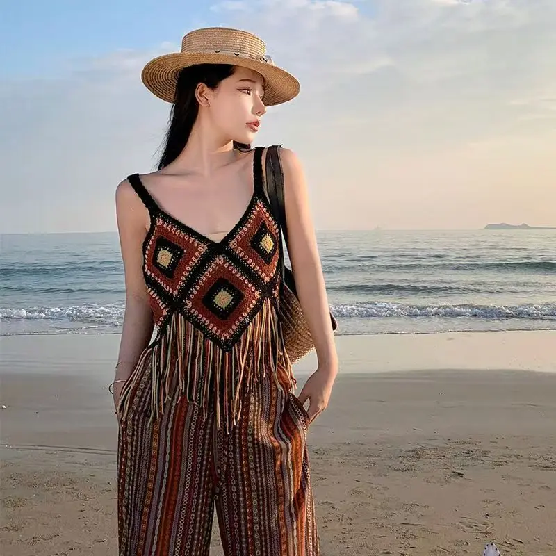 Bohemian Knitted Fringe Camisole Top, Must-Have Item for Beach Vacation, Travel and Casual Wear
