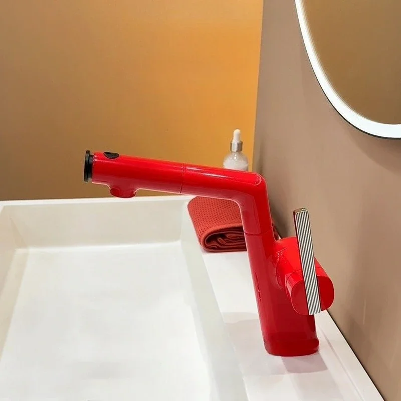 Multi-Function Pull-Out Bathroom Tap with Adjustable Height, Hot and Cold Water, for Washbasin Countertop – Berry Red