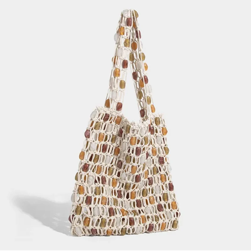

Summer Beaded Woven Bag Bucket Bag Phone Purse Handmade Hollow Out Cotton Rope Crochet Bag Handbag For Lady