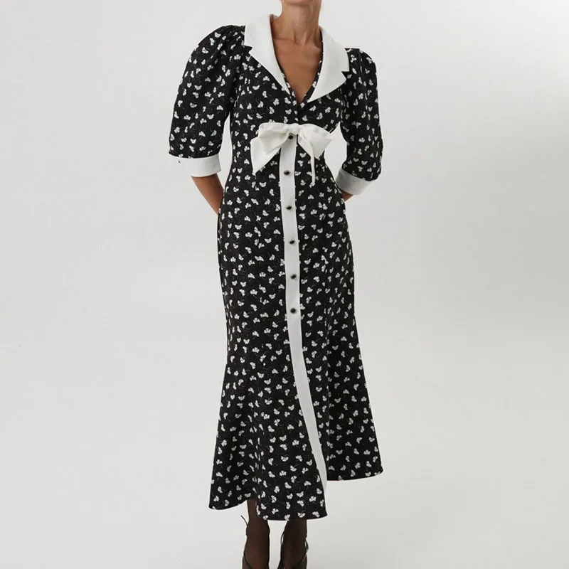

Digital printed temperament elegant dress 2025 new lapel five-point sleeve design bow hip long skirt club clothing Vestidos