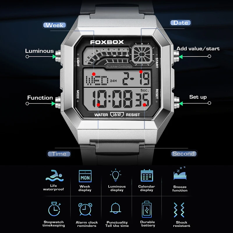 

FOXBOX 2025 Fashion Men's Watch LED Sports Digital Watches For Men Waterproof Multifunctional Military Wristwatches Reloj Hombre