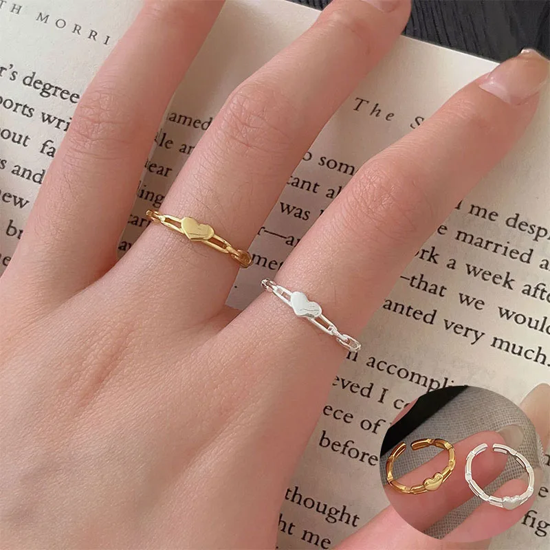 

100% 925 Sterling Silver Love Heart Open Ring for Woman Girl Simple Chain Hollow Out Design Jewelry Party Gift Dropshipping