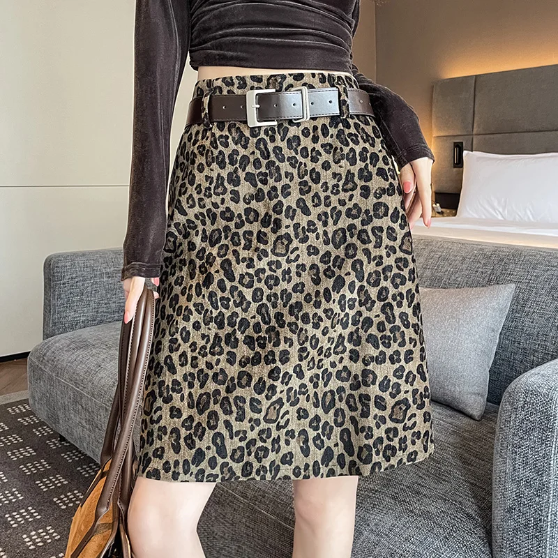 Retro Leopard Print  Skirt High Waist A-Line Women's Autumn Winter New Style Slimming Half-length Skirts Citywalk Casual