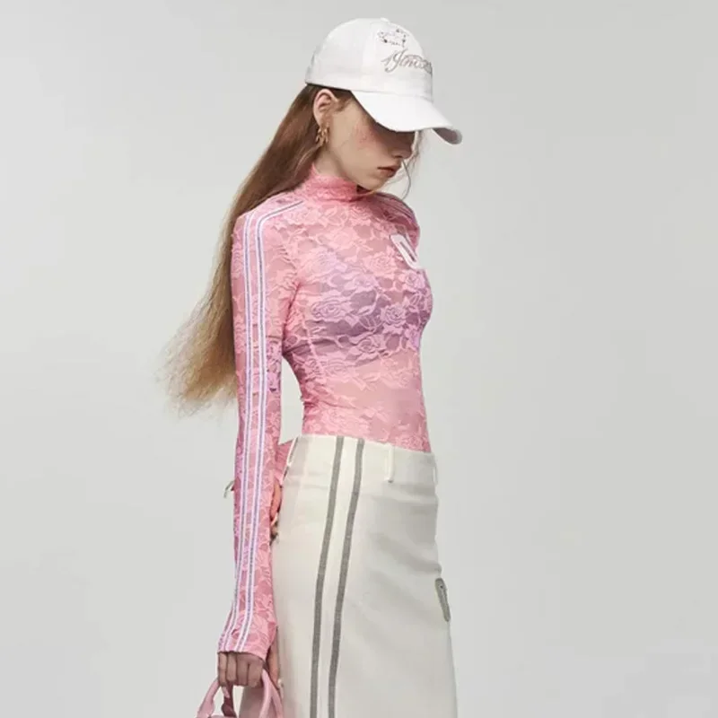 01 Embroidered High Neck Lace T-shirt Rose Pattern Perspective Finger Cuff Long Sleeved T-shirt Girls Y2K Pink Pullover Top Tees