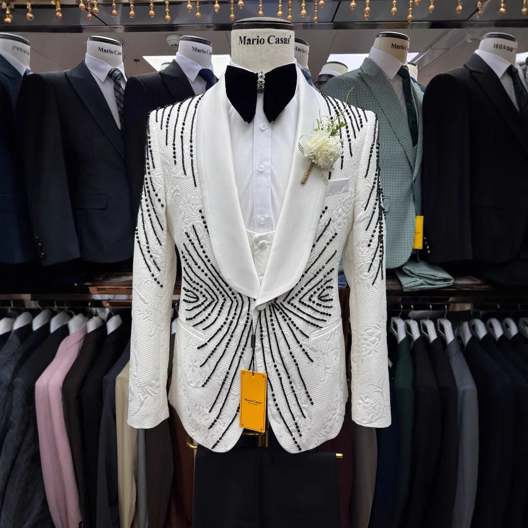 

Real Photos Diamond Luxury Suit Set for Men, Double Breasted Tuxedo Set 3PCS Blazer Vest Pants Crystals Men's Suits High Quality