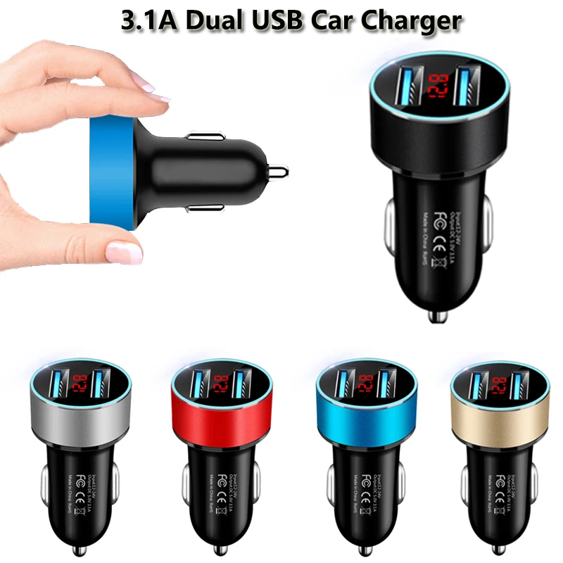 LED Display Voltmeter 3.1A Dual USB Phone Charger Car Cigarette Lighter Power Adapter Socket Splitter for 12-24V Cars