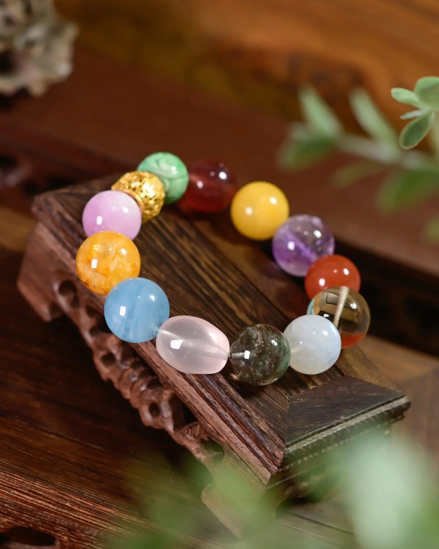 Natural Multi-Gemstone Bracelet with Carved Jadeite Citrine S925 Silver Gold Plated Beaded Bangle