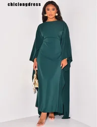 Autumn Fashion Satin Party Dress Robe Abaya Muslim Women Elegant Solid Round Neck Bat Sleeves Loose Maxi Dress Women