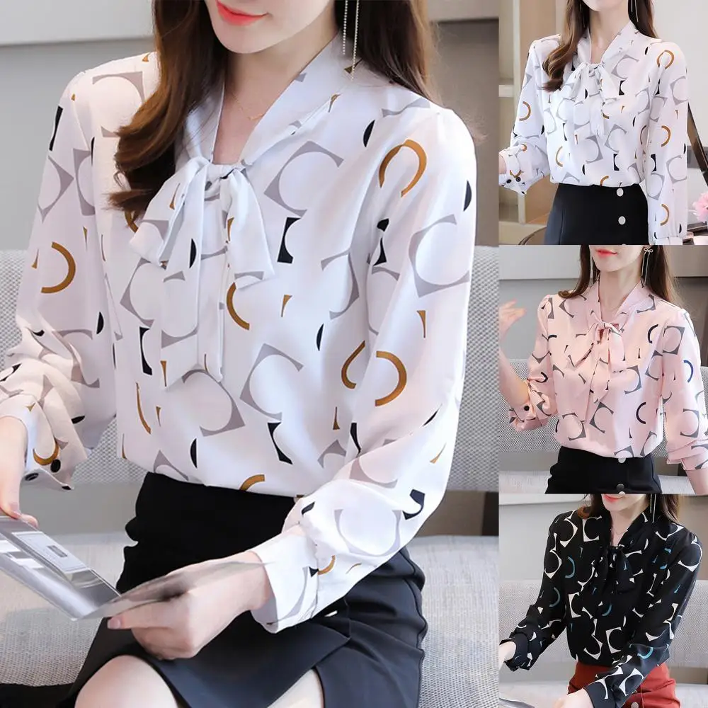 Women Digital Print Long Sleeve Blouse Top Buttons Cuff Necktie Bowknot Pullover