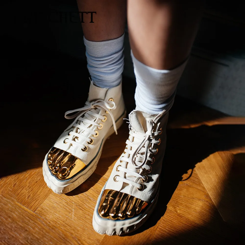 Gold Toe Thick-Soled Canvas Shoes Round Toe Color-Blocked Straps White Casual Shoes Strange Design Large Size Fashionable Shoes