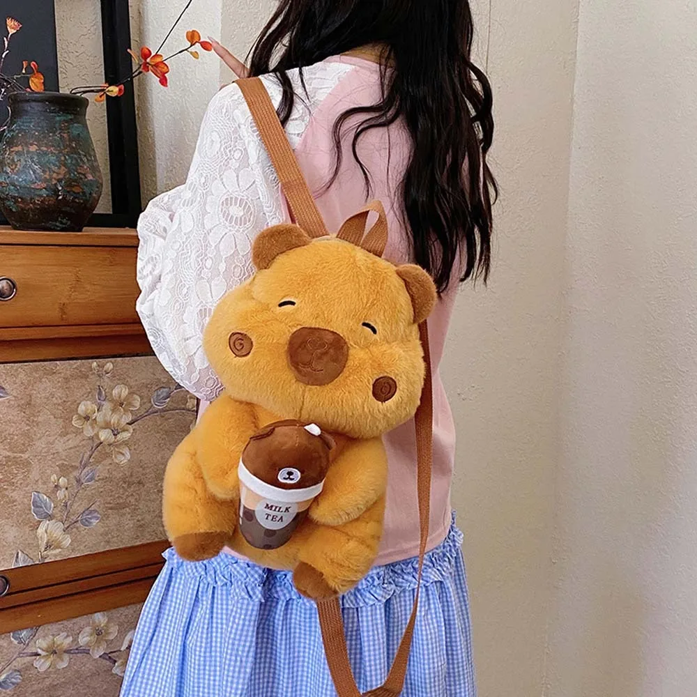 Thickened Cute Capybara Backpack Soft Milk Tea Cup Brown Doll Bag Lightweight Adjustable Straps Cartoon Daypack Daily