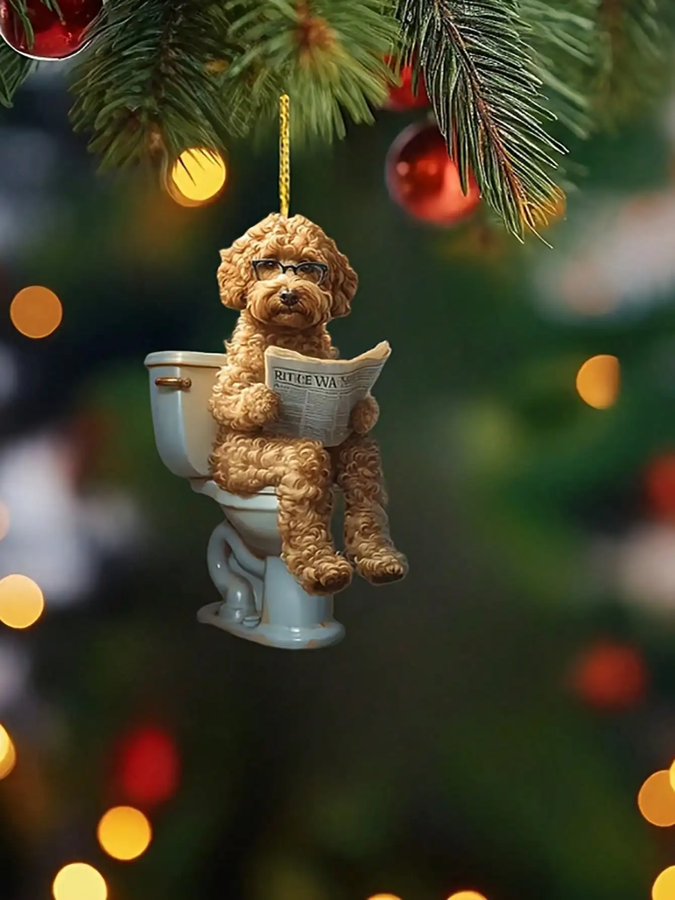 Classic style newspaper reading golden retriever, backpack pendant, suitable for home decoration, car suspension accessories