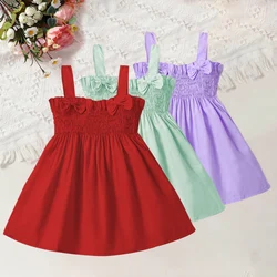 Baby Girl Solid Cute Ladies Style Refreshing Double Bow Strap Wrap Casual Dress