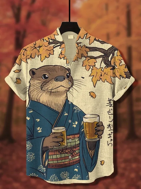 مضحك عطلة قضاعة قمصان مطبوعة الرجال قصيرة الأكمام الوقوف طوق الصيف بلايز عادية فضفاض أزرار الثدي واحدة اليابانية تونك #3