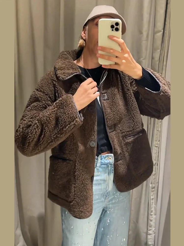 

Fashion Reversible Faux Leather Lambwool Women's Coat Lapel Single-breasted Long Sleeve Jacket 2025 Autumn Street Lady Outerwear