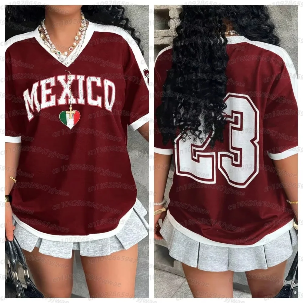 26 Mexico 23 Jersey T-Shirt Summer Women's V-Neck T-Shirt Mexico Football Fans T-Shirt Women's Men's Women Quick Drying T-Shirt