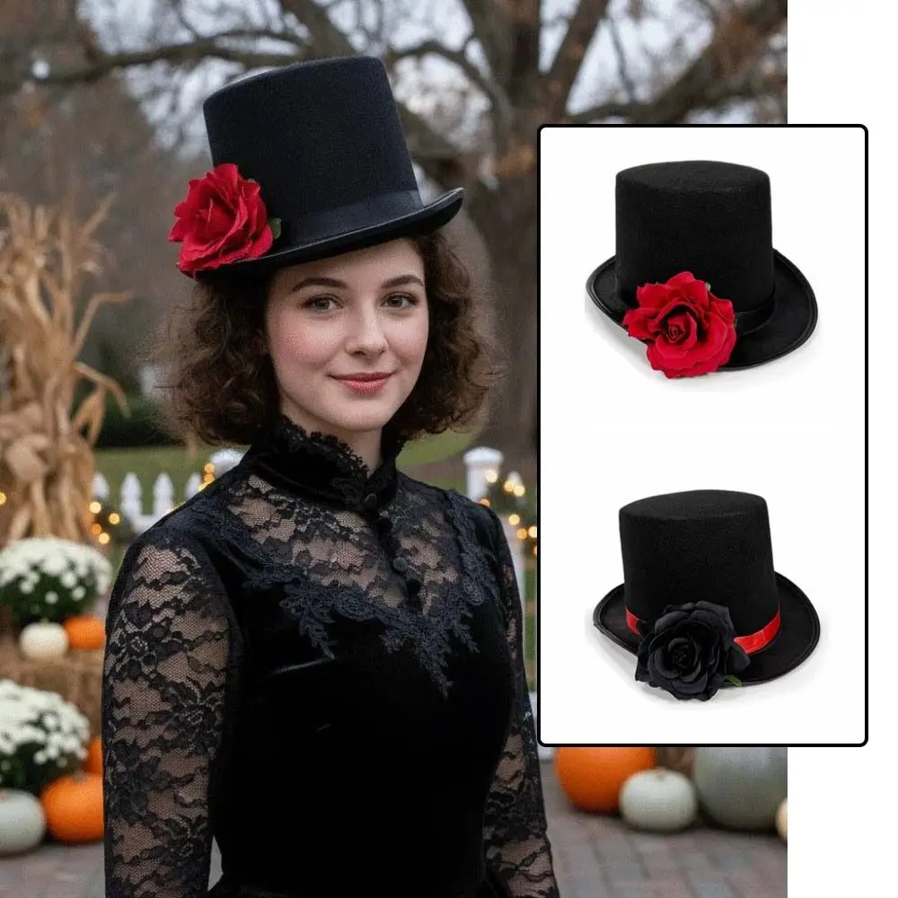 Artificial Rose Gothic Top Hat Classic Black Vibrant Red Magician Fedora Headwear Polyester Felt Wide Brim - view 3