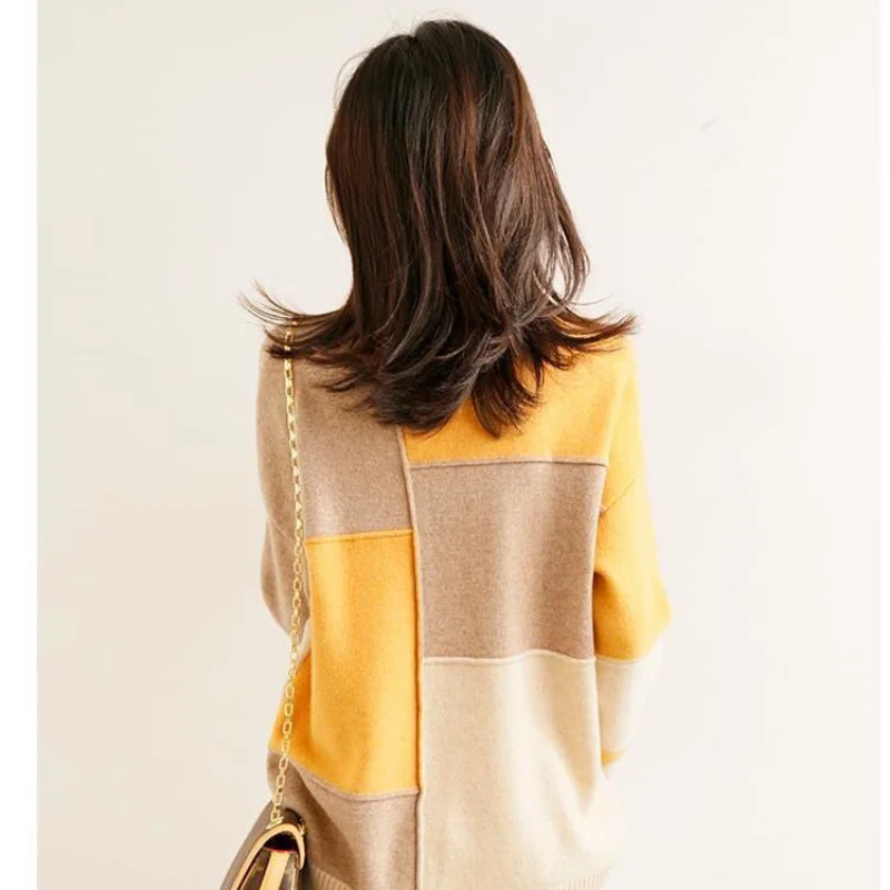 2023 Autumn Color Splice Round Neck Loose Pullover Comfortable Fashion Commuting Simple Knitted Sweater