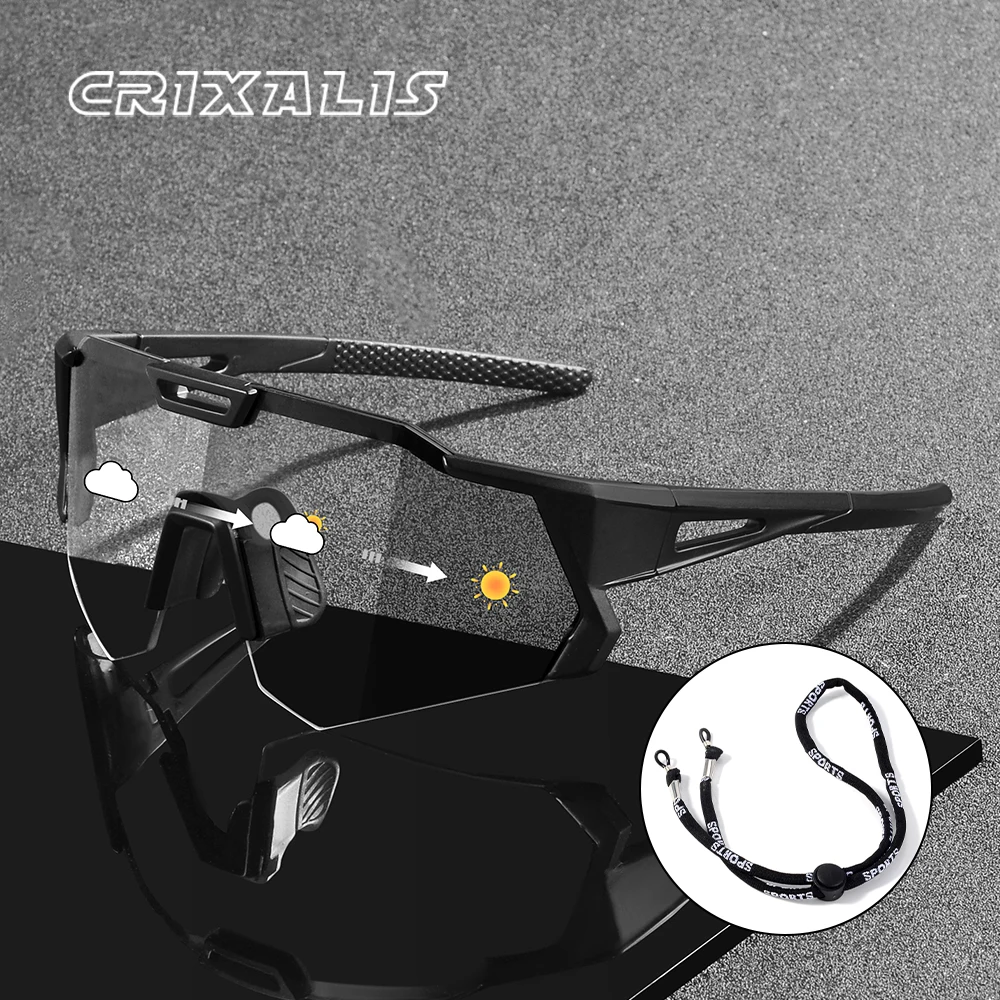 CRIXALIS Photochrome Mode-Sonnenbrille für Herren, Radfahren, Biken, Laufen, Sport-Sonnenbrille, schwarzer Rahmen mit Seil, UV400-Schutz