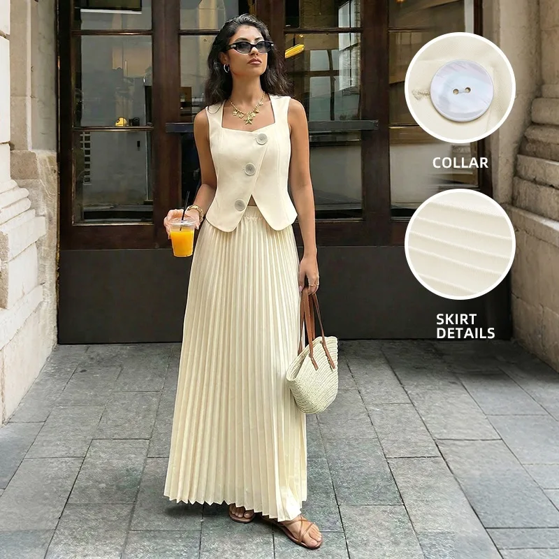 2026 Summer New Minimalist Commuting Style Solid Color Suit Vest + Pleated Long Skirt Set for Women
