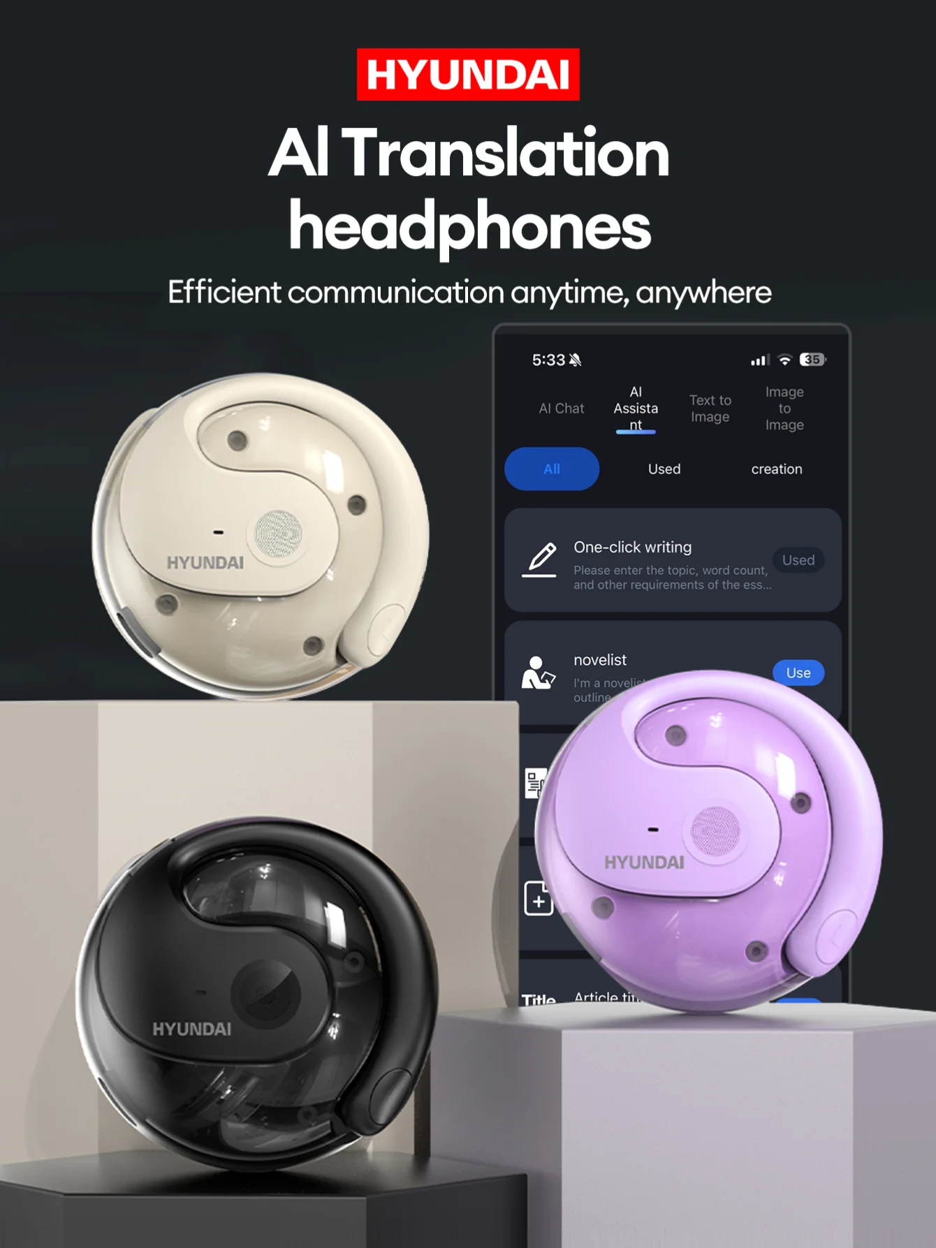 HYUNDAI HY-T26 PRO sans fil BT traducteur écouteurs 98% précision AI traduction en temps réel écouteurs pour les voyages d'affaires apprentissage