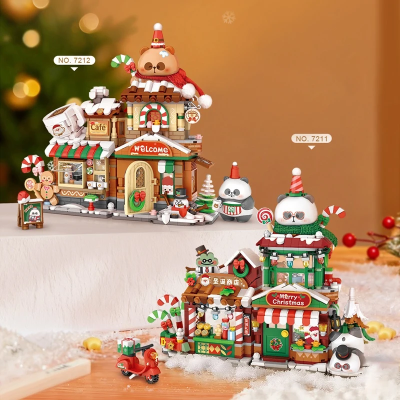 LOZ Christmas Panda Gingerbread House Building Blocks Toys Set, DIY Building Model Assembly Toy, Children's Christmas Gift