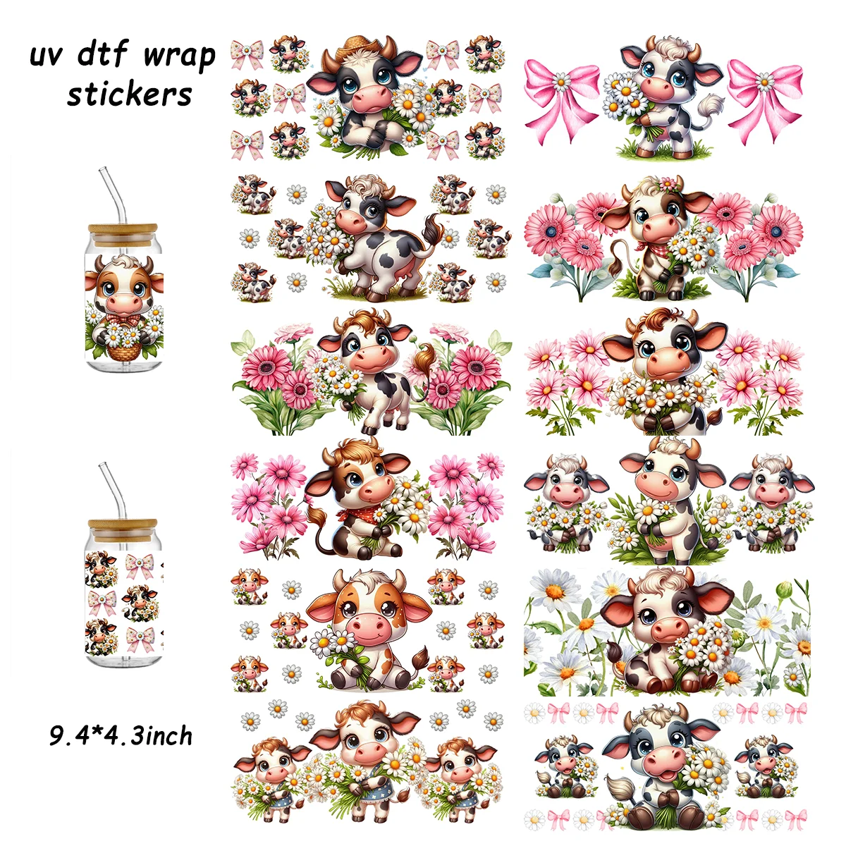 

Cute Flower Cow Design UV DTF Cup Stickers For 16oz Tumbler Waterproof Cow with Bow UV DTF Vinyl Decals for Water Glass