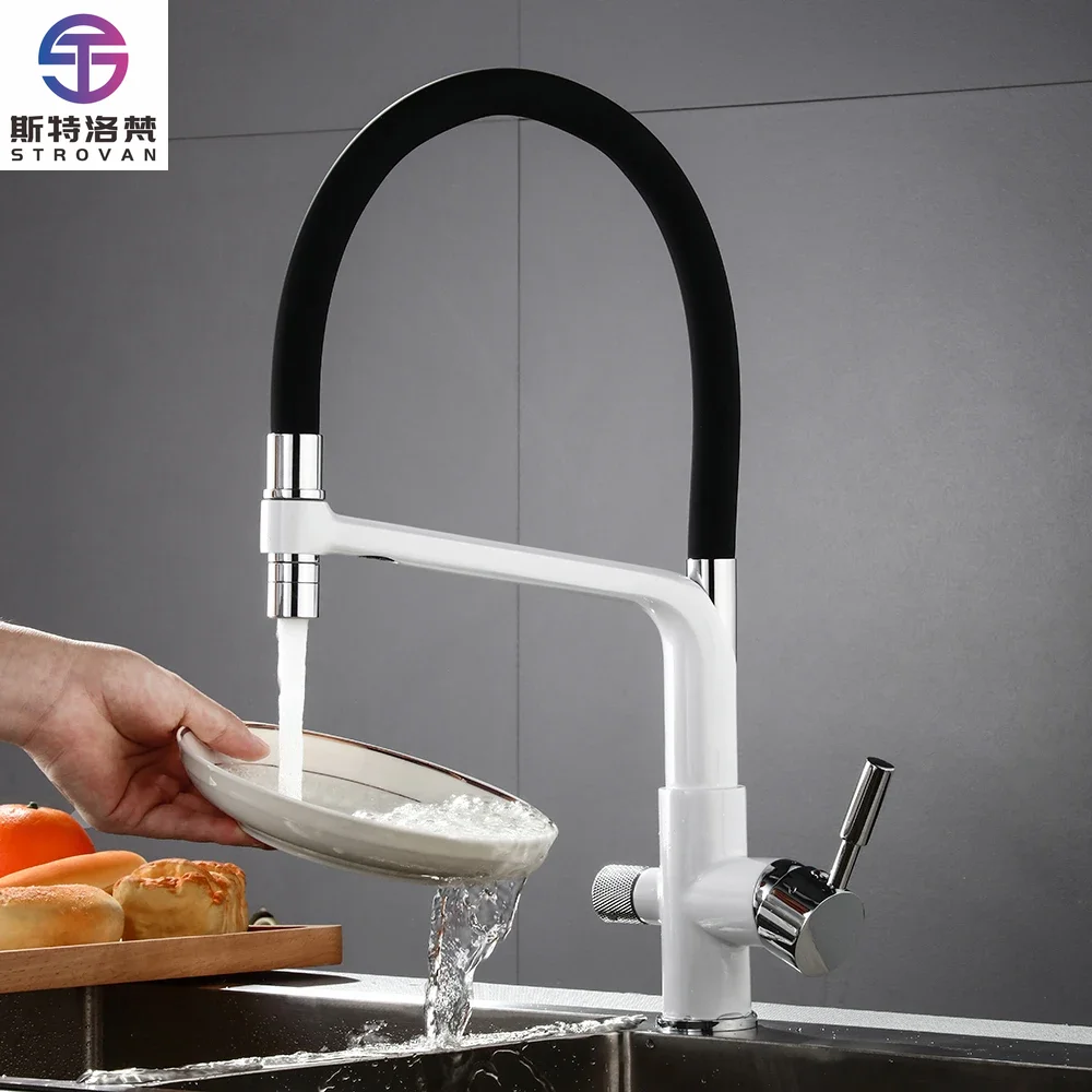 الحديثة المزدوج مقبض ثقب واحد صنبور المياه الساخنة والباردة مرنة سيليكون خرطوم سحب صنبور المطبخ