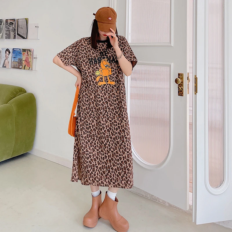 2023 Spring Summer Loose Plus Size Women's Dress Print Leopard Short Sleeve Lady Casual T-Shirts Female Robe Vestidos KE3284