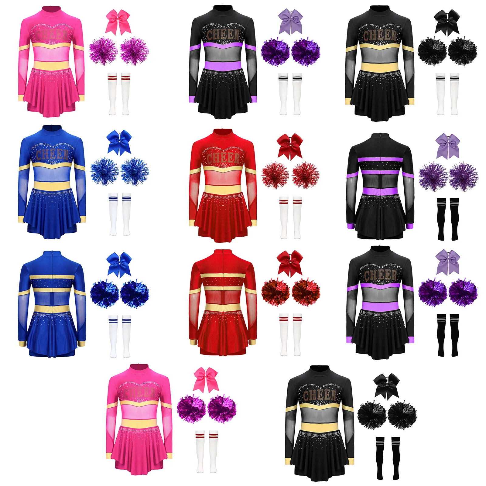 Girls Cheerleader Costume Long Sleeve Cheerleading Uniform Cheer Team Dance Dress Hand Flower Socks Stage Dancewear Outfits view 3