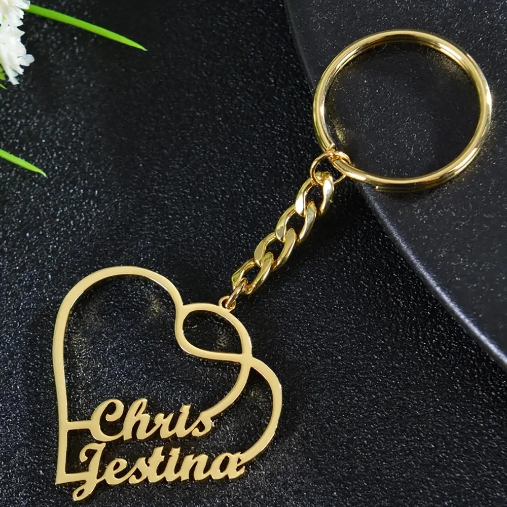 Personalized Couple Keychain Customized Double Name Heart Pendant Stainless Steel Key Ring Fashion Jewelry Christmas Gift