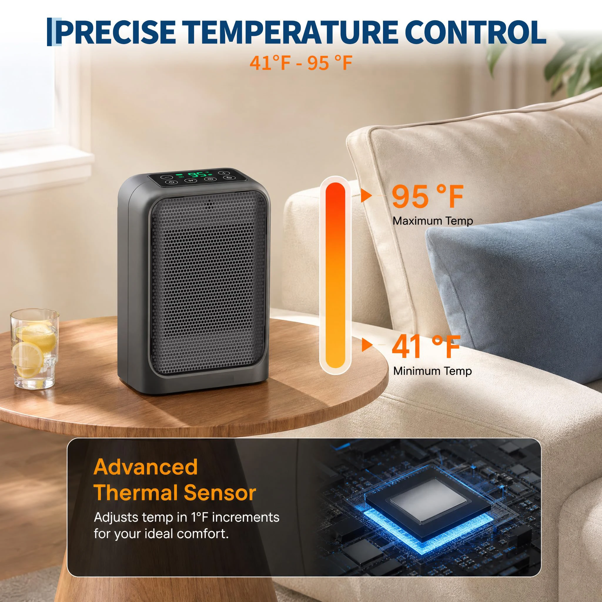 1500W Portable Ceramic Space Heater with 3 Heat Settings, Adjustable Thermostat, Overheat & Tip-Over Protection, Quiet for Bedroom & Office