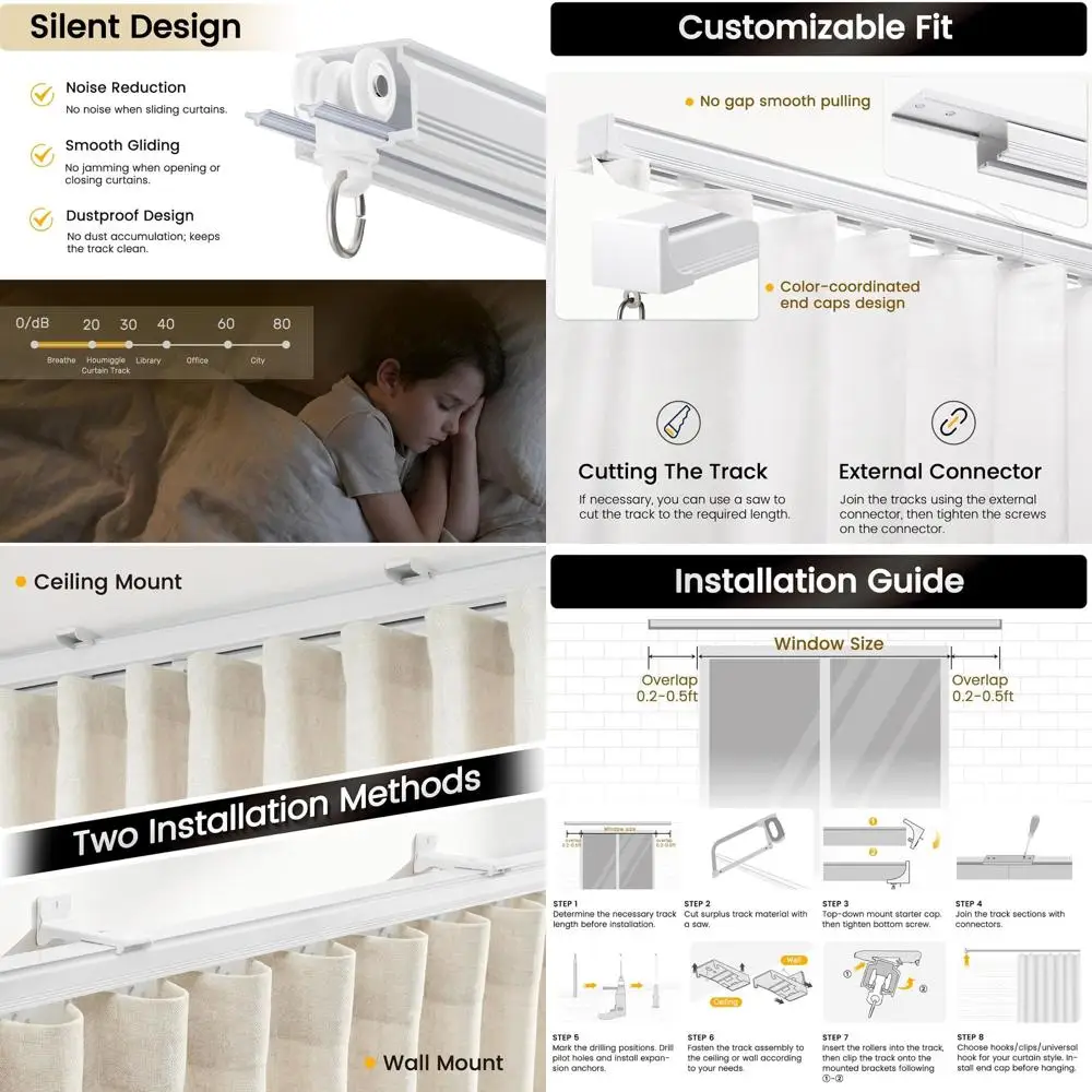 

Heavy Duty Ceiling/Wall Mount Sliding Room Divider Track, Silent Rail with 3 Hook Types, Suitable for Living Room, Bedroom, Show