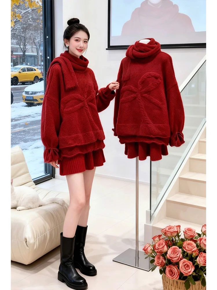 

Стильный зимний модный комплект: свободный вязаный топ, короткая юбка, шарф, футболка, удобные теплые брюки с высокой талией