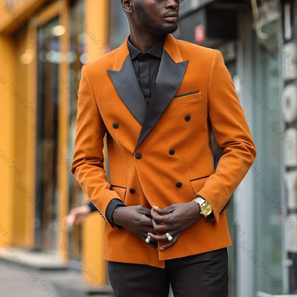 

Orange Suede Double Breasted Men Suit Peaked Lapel Business Casual Formal Costume Homme 2 Pcs Set Jacket Pants