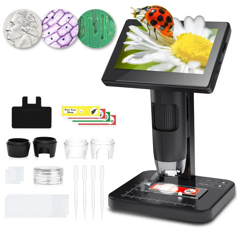 Digital Microscope 5.0'' Screen 8000x Adults Kids Photos Videos Observing Cells Coin Kit Glass Slides Cover Slips Specimens