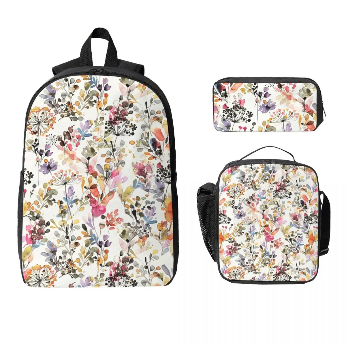 

Wild Flowers And Plants Watercolor Backpack Student BookBag School Bag Shoulder Bags 3ps Insulated Lunch Bag Pencil Case