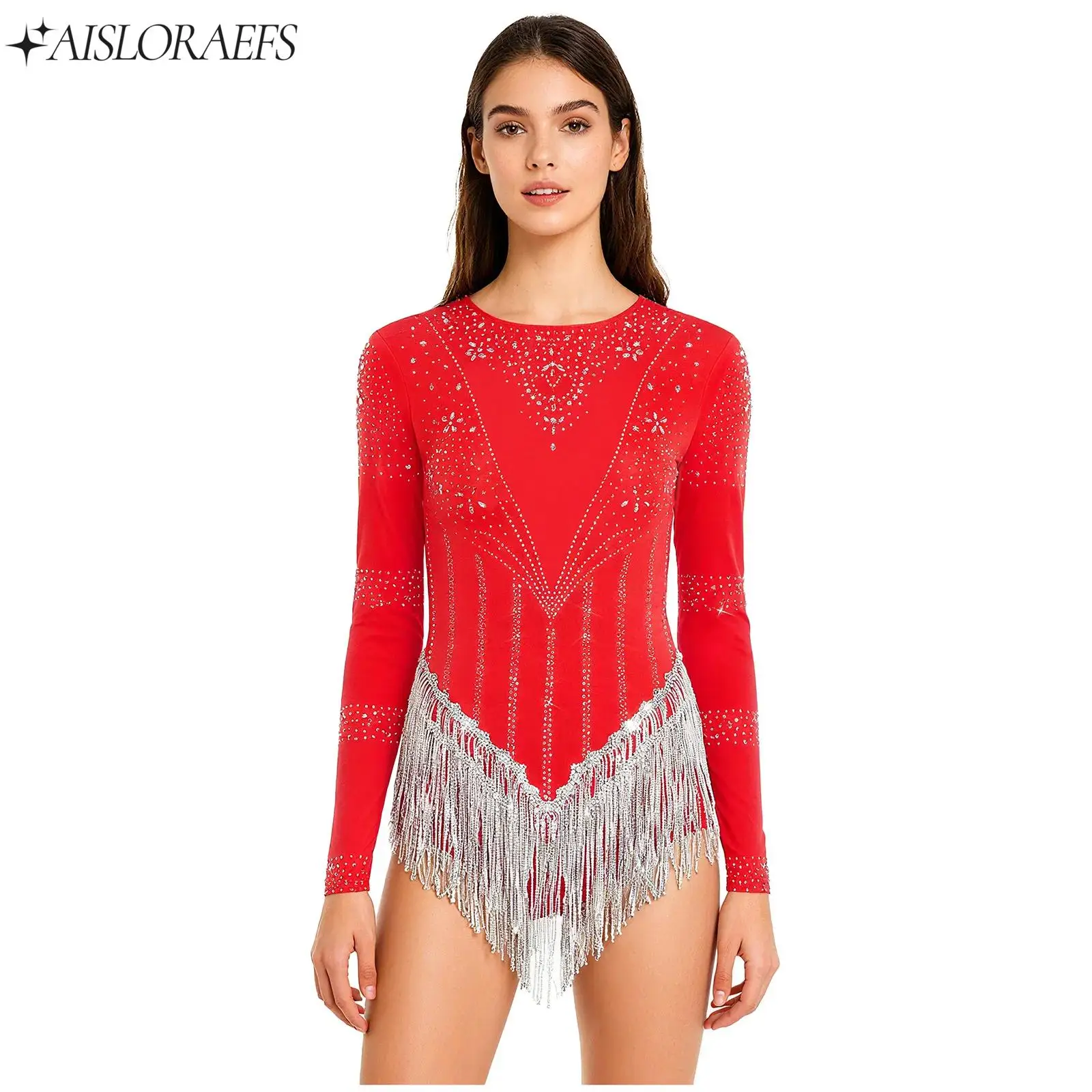 

Glittery Rhinestones Figure Skating Bodysuit Women Sequin Tassel Long Sleeve Leotard Jumpsuit for Latin Chacha Dance Performance