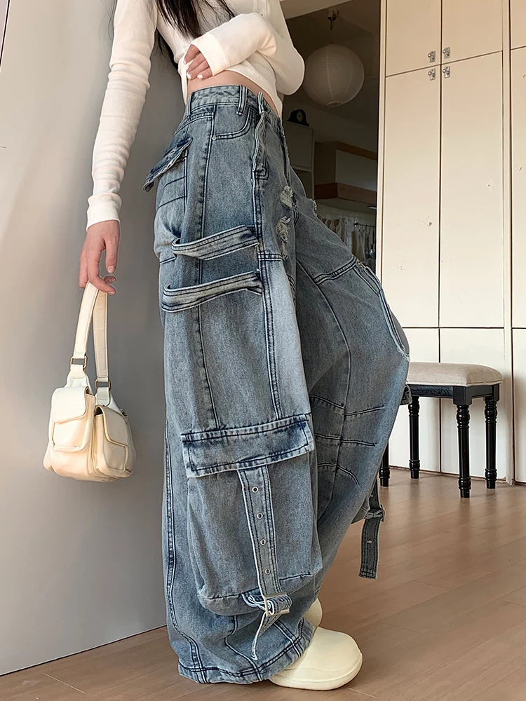 Vintage Baggy กางเกงยีนส์ผู้หญิงสูงเอวกว้างตรงขากางเกงยีนส์หลายกระเป๋า Denim กางเกงหญิงใหม่ Harajuku กางเกงกางเกงยีนส์