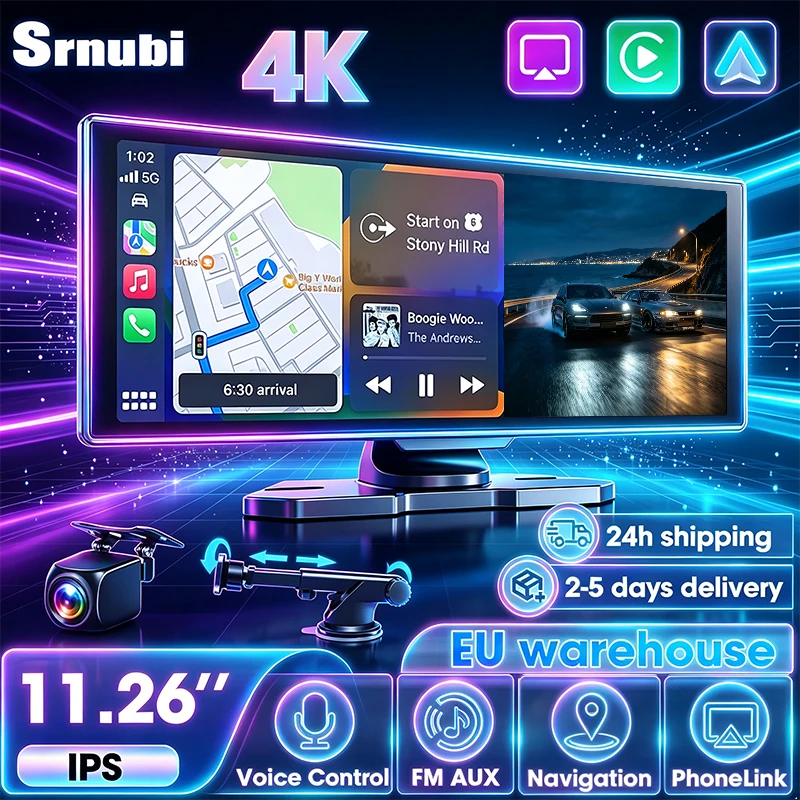 Srnubi 10,26/11,26" Auto Carplay Android Auto DVR 4K Kamera Android Auto Dashcam Fahrvideo-Rekorder GPS-Navigation Armaturenbrett