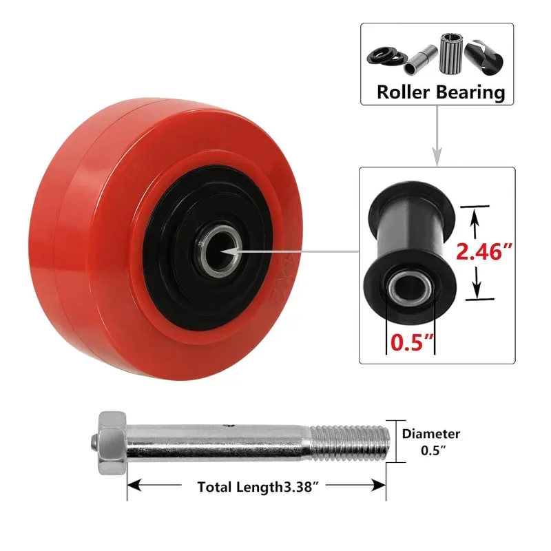 4 x 2 Caster Wheels, 1/2 Bore Axle Heavy Duty Wheels, Non-Marking Polyurethane Wheel, Each Wheel Load 600 lbs (10)