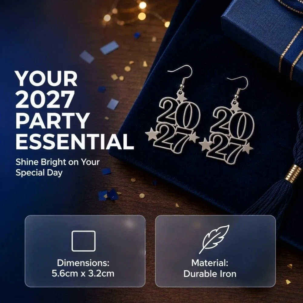 Elegant 2027 Digital Earrings Hollowed-out Fashion Metal Iron Happy New Year Earrings Long Drop Star Design Stud Earrings Daily