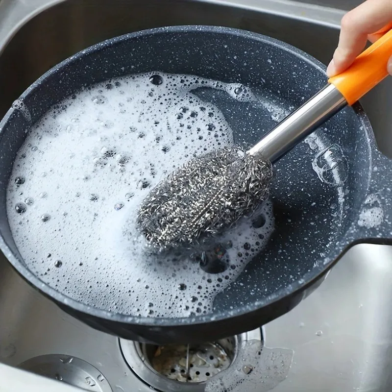 Stainless Steel Pot Brush with Long Handle, Steel Wire Ball Brush and Long Rod Cleaning Brush Dish Brush Kitchen Cleaning Tools