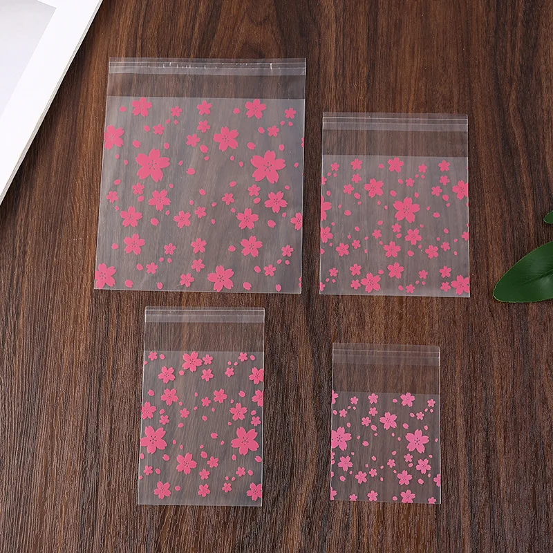 100pcs Cherry blossom Self Adhesive Treat Bag Cellophane Poly Candy Bags for Cookies Wrapper Party Favor Candy Jewelry Packaging