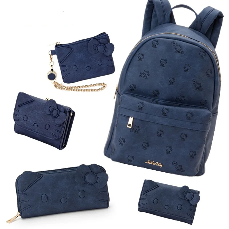 Hello Kitty New Fashion PU skórzany damski plecak podmiejski Denim z nadrukiem i barwione dziewczęce śliczne niebieskie plecaki